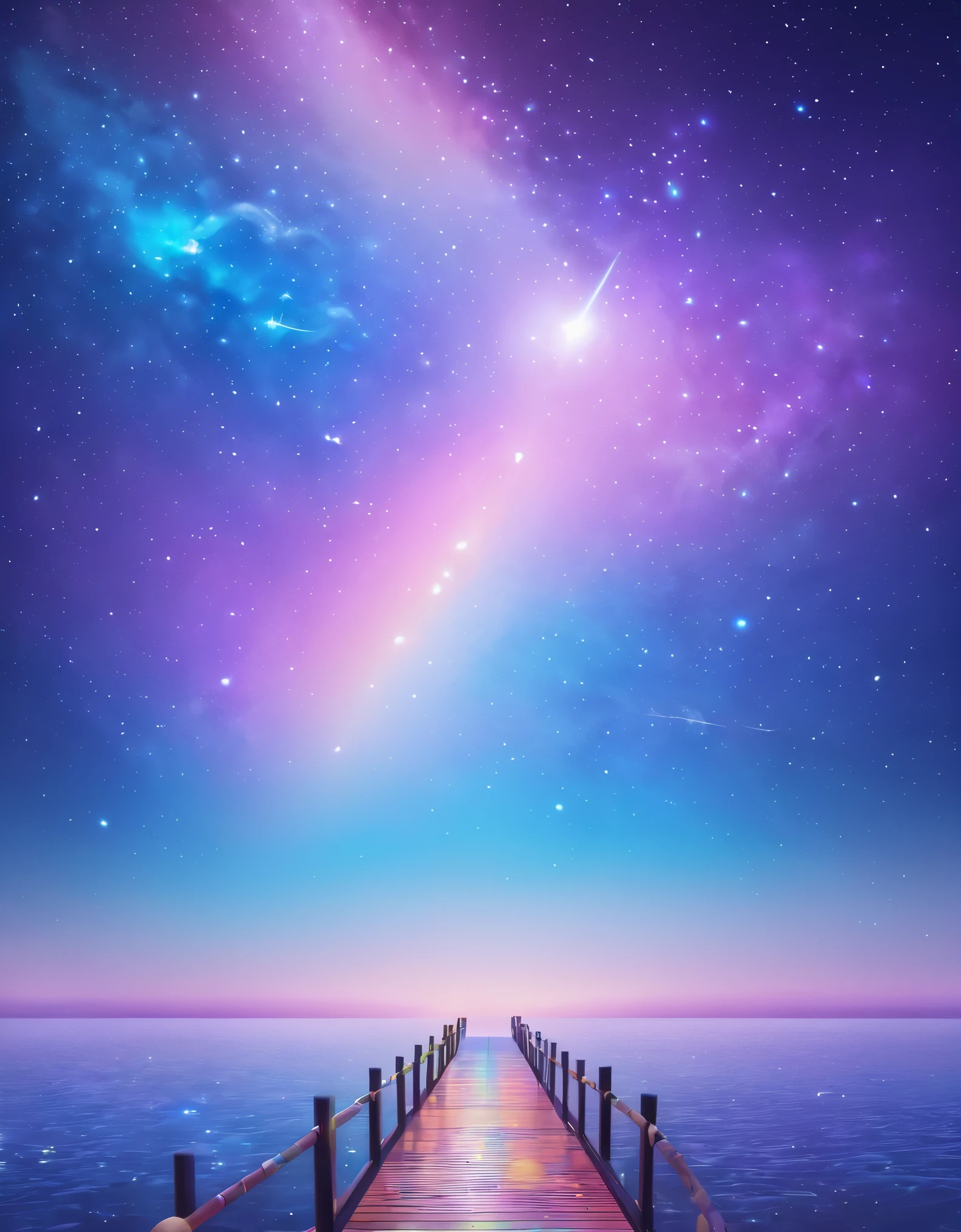 Fantasy pier under the stars、A pier made of sky and rainbows in space、Seven-colored pier、Dramatic skyscape、Detailed stars and galaxies、Magical atmosphere、Bright colors、Shining Light、Graceful、Mysterious、Cinematic、Intricate details、Fantasy art、Fantasy Illustration、Super fine、8k、High resolution、Highest quality、masterpiece:1.4