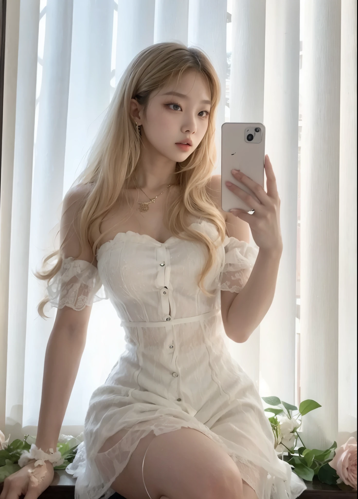 (((Blonde、forehead、White background、シンプルな無地のWhite background、Frills、race、Black clothes、belt)))、Highest quality, White skin, Real human skin, (Detailed face), Oval Face, pores, Ultra-high resolution, (8K, RAW Photos, Realistic:1.4), One girl, slim, (She looks straight at the viewer with a calm, goddess-like happiness.:1.2), (Lifter Gloss, eyelash, Shiny surface, Highest quality, Ultra-high resolution, Wide lighting, Natural Shading), Teacher Fashion, No sleeve, dress, Put your arms behind your back:1.3,  Bokeh, Depth of written boundary, Cowboy Shot:1.3,