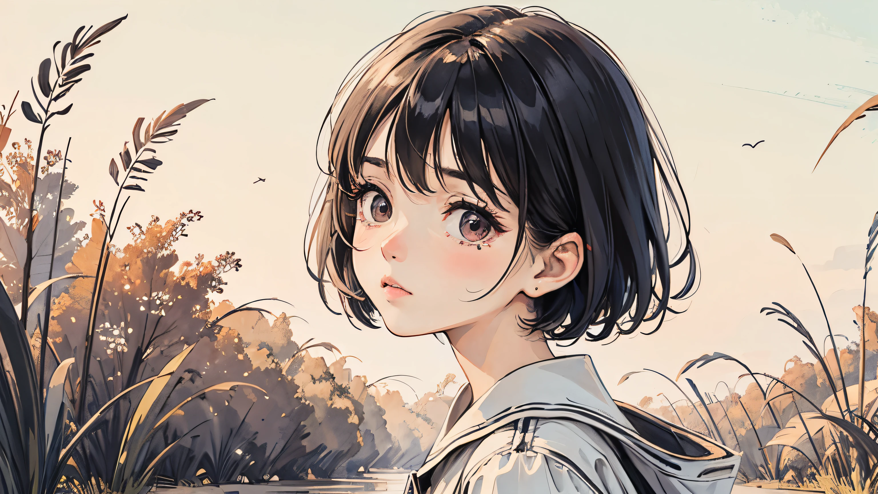 Anime girl with short hair and backpack looking at the water - SeaArt AI