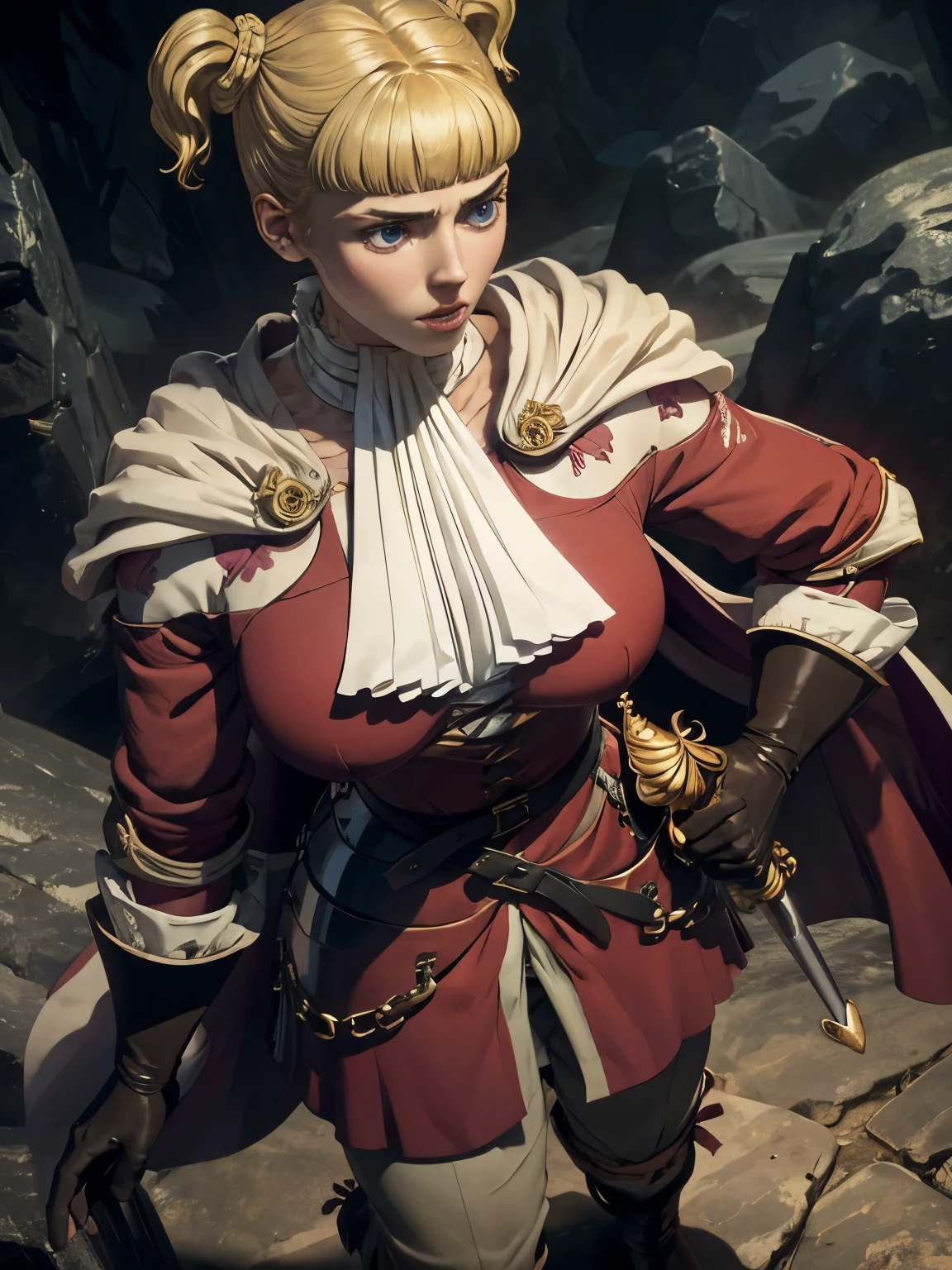 (masterpiece, Best Quality:1.2), 8K, ultra High res, cinematic lighting, professional lighting, realistic portrait of Farnese de Vandimion - ファルネーゼ・ド・ヴァンディミオン (Berserk), 1girl in, solo, (blonde hair:1.1, bob cut Hair, twintails), (farnejour, cloak, ascot, red shirt, long sleeves, gloves, belt, pants, boots), ultra huge natural breasts, ultra huge boob, ultra huge tits, ultra huge cleavages, Detailed face, Detailed skin texture, in the ultra realistic deep cave, in the ultra detailed deep cave, huge and wide cave, dark atmosphere, standing, full body shot, close up angle, zoom up angle, 