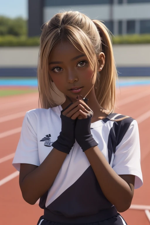 (((( one girl )))), Put your hand over your mouth、Beautiful breasts、 Brown eyes, ((Gal Hairstyles)) blonde, girl, (Eye and facial details:1.0), break, (masterpiece, Highest quality, Very detailed, Detailed face, 8k),( dark skin:1.8 ), (((( track and field uniform )))),( open mouth ),(((( 9歳 ))))