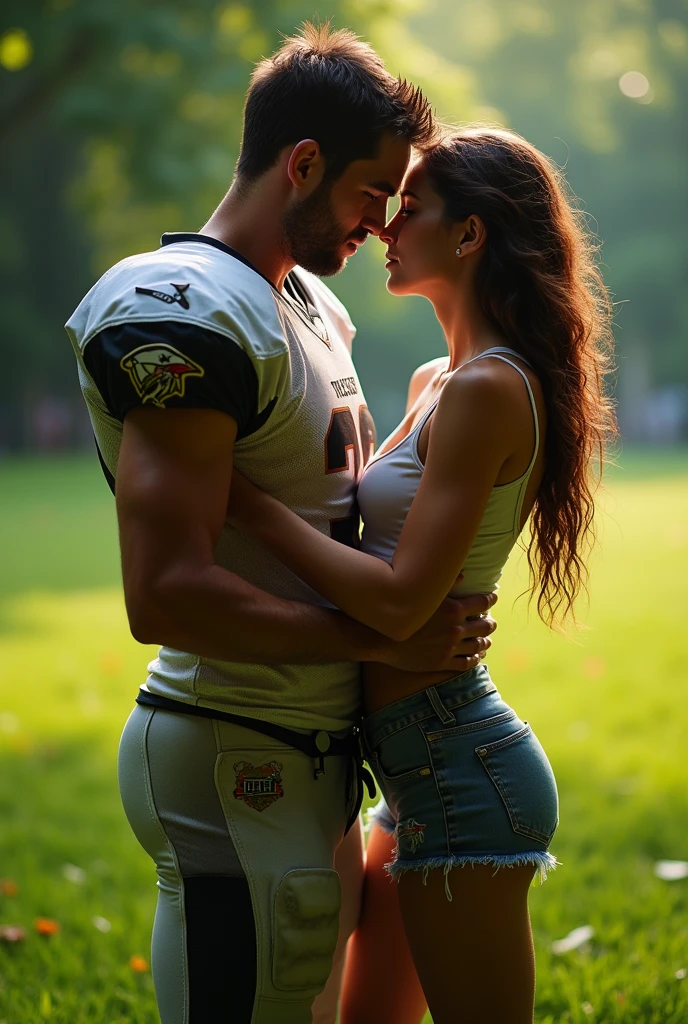 Beautiful completely naked barefoot gymgirl being cradle carried by a muscular handsome young football quarterback. Football player in uniform carrying woman off the ground. Kissing. Many women in the backhround. Woman being carried. Gymgirl completely naked.
