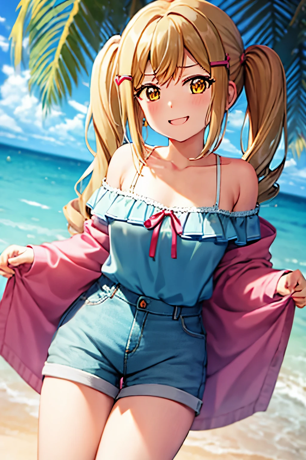 Highest quality, masterpiece, High resolution, alone, (off-shoulder-tops)、(short pants)、 {internal_Arisa_BanG Dream!:1.15}, blonde_hair, length_hair, 前hair, hair_ornament, Twin tails, Vatu_hair_ornament, yellow_eye, Side Lock, brown_eye, chest、happy smile