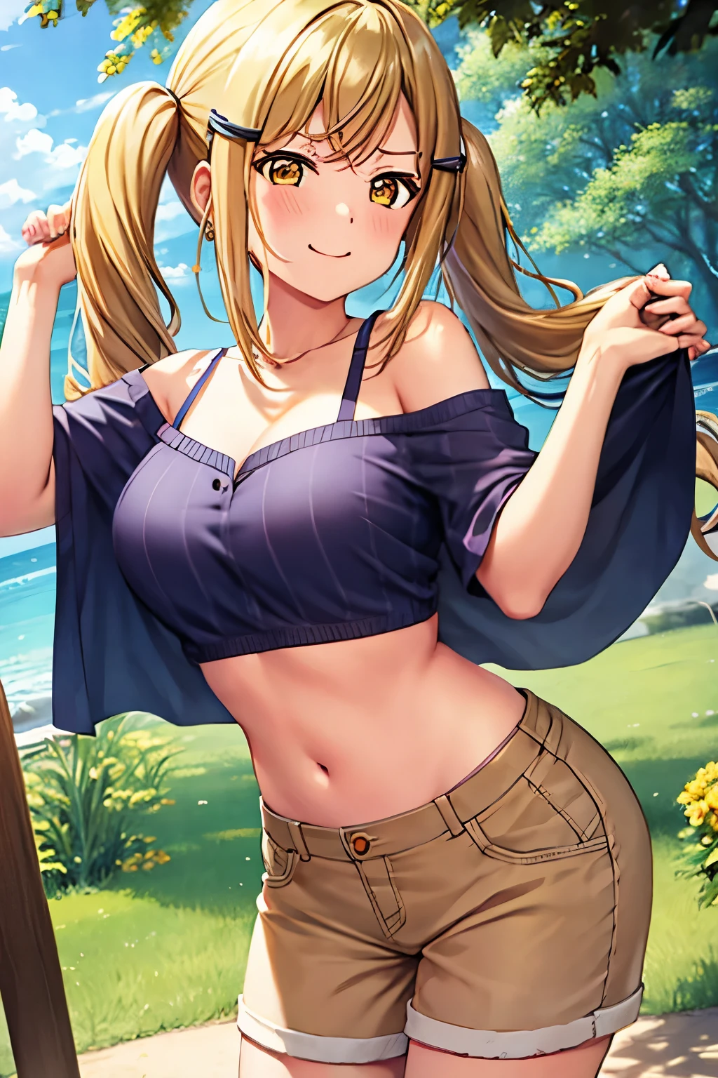 Highest quality, masterpiece, High resolution, alone, (off-shoulder-tops)、(short pants)、 {internal_Arisa_BanG Dream!:1.15}, blonde_hair, length_hair, 前hair, hair_ornament, Twin tails, Vatu_hair_ornament, yellow_eye, Side Lock, brown_eye, chest、happy smile