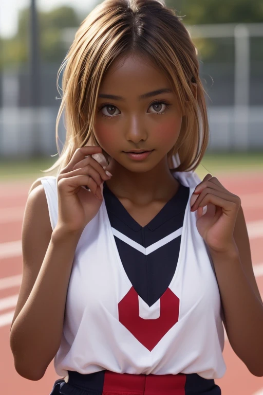 (((( one girl )))), Put your hand over your mouth、Beautiful breasts、 Brown eyes, ((Gal Hairstyles)) blonde, girl, (Eye and facial details:1.0), break, (masterpiece, Highest quality, Very detailed, Detailed face, 8k),( dark skin:1.8 ), (((( track and field uniform )))),( open mouth ),(((( 9歳 ))))