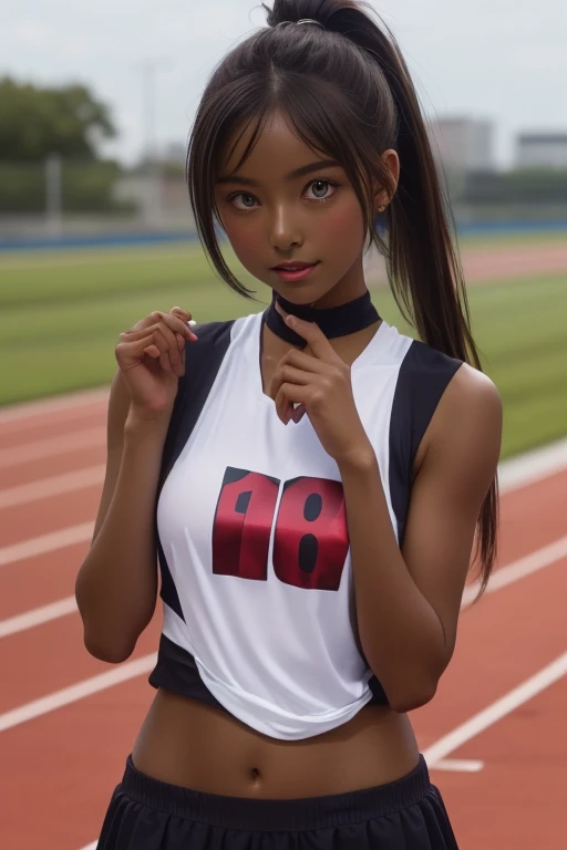 (((( one girl )))), Put your hand over your mouth、Beautiful breasts、 Brown eyes, ((Gal Hairstyles)) blonde, girl, (Eye and facial details:1.0), break, (masterpiece, Highest quality, Very detailed, Detailed face, 8k),( dark skin:1.8 ), (((( track and field uniform )))),( open mouth ),(((( 9歳 ))))