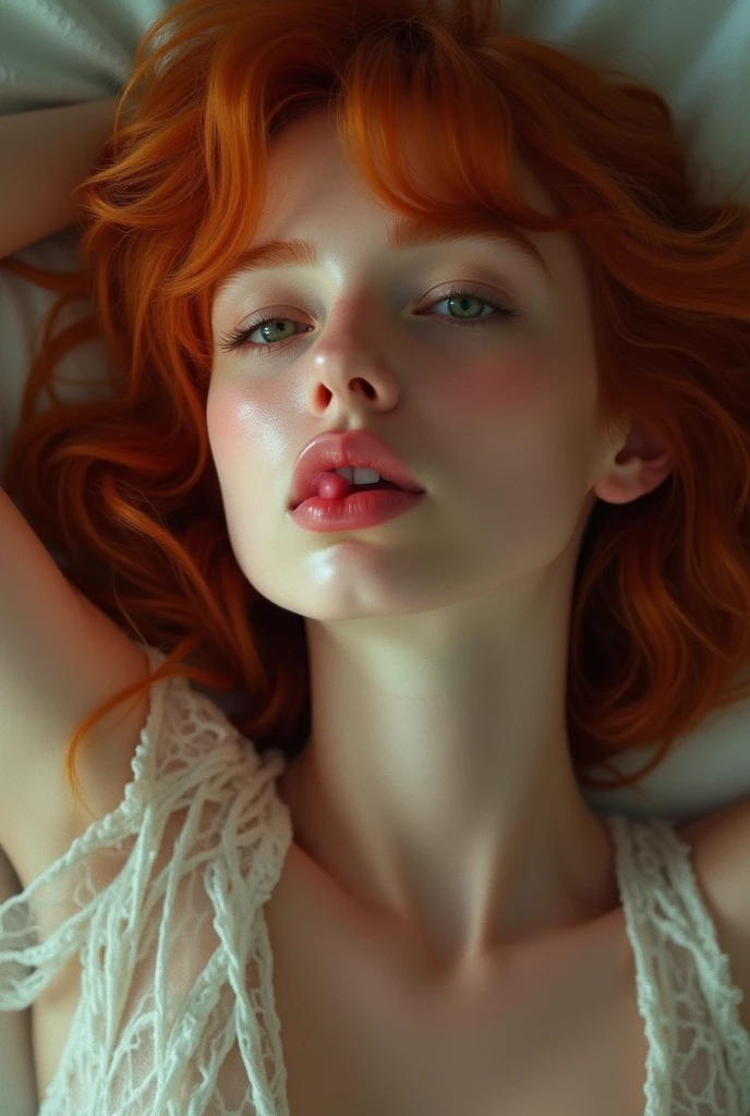 Une femme rousse pose nue, allongée et recouverte délicatement de plumes, créant une scène à la fois éthérée et sensuelle. Ses longs cheveux roux, ondulés et brillants, tombent en cascade autour de son visage et sur ses épaules, encadrant son teint clair avec une touche de feu. Les plumes, fines et légères, couvrent son corps de manière stratégique, épousant ses courbes avec douceur et mystère. Elles sont de différentes tailles et couleurs, peut-être blanches ou dans des tons pastel, ajoutant une dimension presque féerique à son allure. Les plumes effleurent ses épaules, ses hanches, et se posent délicatement sur ses jambes, laissant entrevoir sa silhouette élancée et sensuelle sans jamais révéler trop de peau.