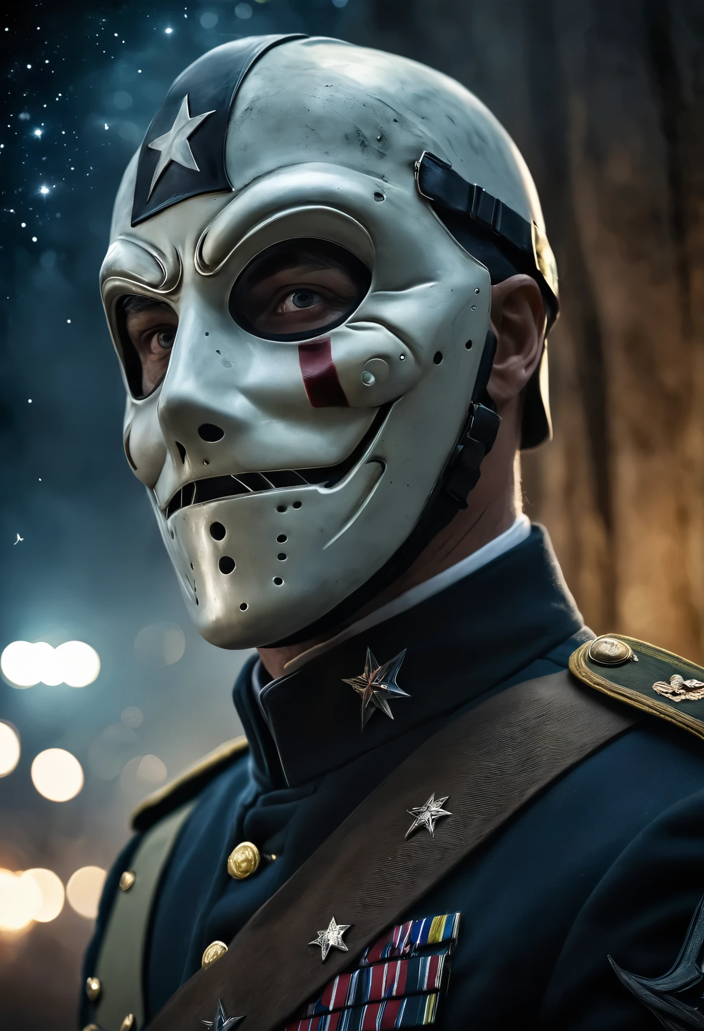 Photorealistic, upper portrait, dead soldier, military outfit, in white ghost mask, dinamic pose, in the dead ruin city, realistic weapon, starry night, deep shadows, Kodak Portra 400, film grain, depth of field, the gaze is directed towards the viewer, bokeh, battlefield environment, noire, terrified atmosphere, Centered image, naturally pose, 8K resolution, faded colours