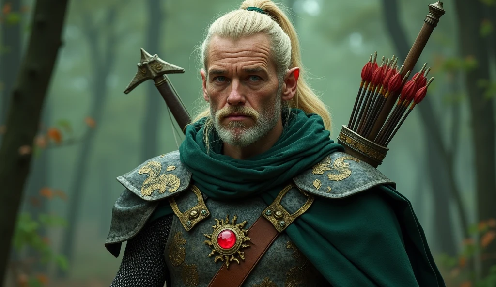 Fantasy and adventure. Real frontal image of a veteran male elf explorer. Blonde hair tied up in a high ponytail. Melancholic gesture, tired and bored. He wears a richly crafted chainmail coat decorated with plant motifs., that emits greenish flashes, although all this is obscured by the passage of time. A dark green cape over the back. A large golden elven bow and a quiver with twenty arrows protrude from his back.. A beautiful elven short sword and a matching dagger peek out from his belt.. She wears a medallion with a bright red ruby..
