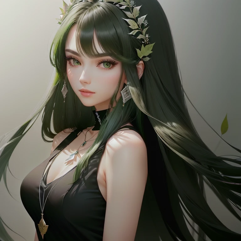 animesque、Clear, Moisturizing sea green eyes、Beautiful woman like a fashion model、a closeup、portlate、Beautiful, Beautiful black hair without hair ornaments, hight resolution, top-quality, masterpiece, 8k wallpaper、 One Person、Beautiful skin、17age、