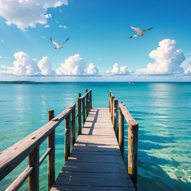 The crystal clear sea of endlessly, sea is cyan blue color, Jetty, A long wooden pier stretching to the horizon, (blue sky and white clouds, Late Summer, End of summer atmospher), horizon, Summer Breeze, (Gentle sunlight), expansive landscape photography, bird's-eye view, No humans, ((masterpiece)), (Photorealistic), High resolution, Best Quality, artistic photography, Super detailed