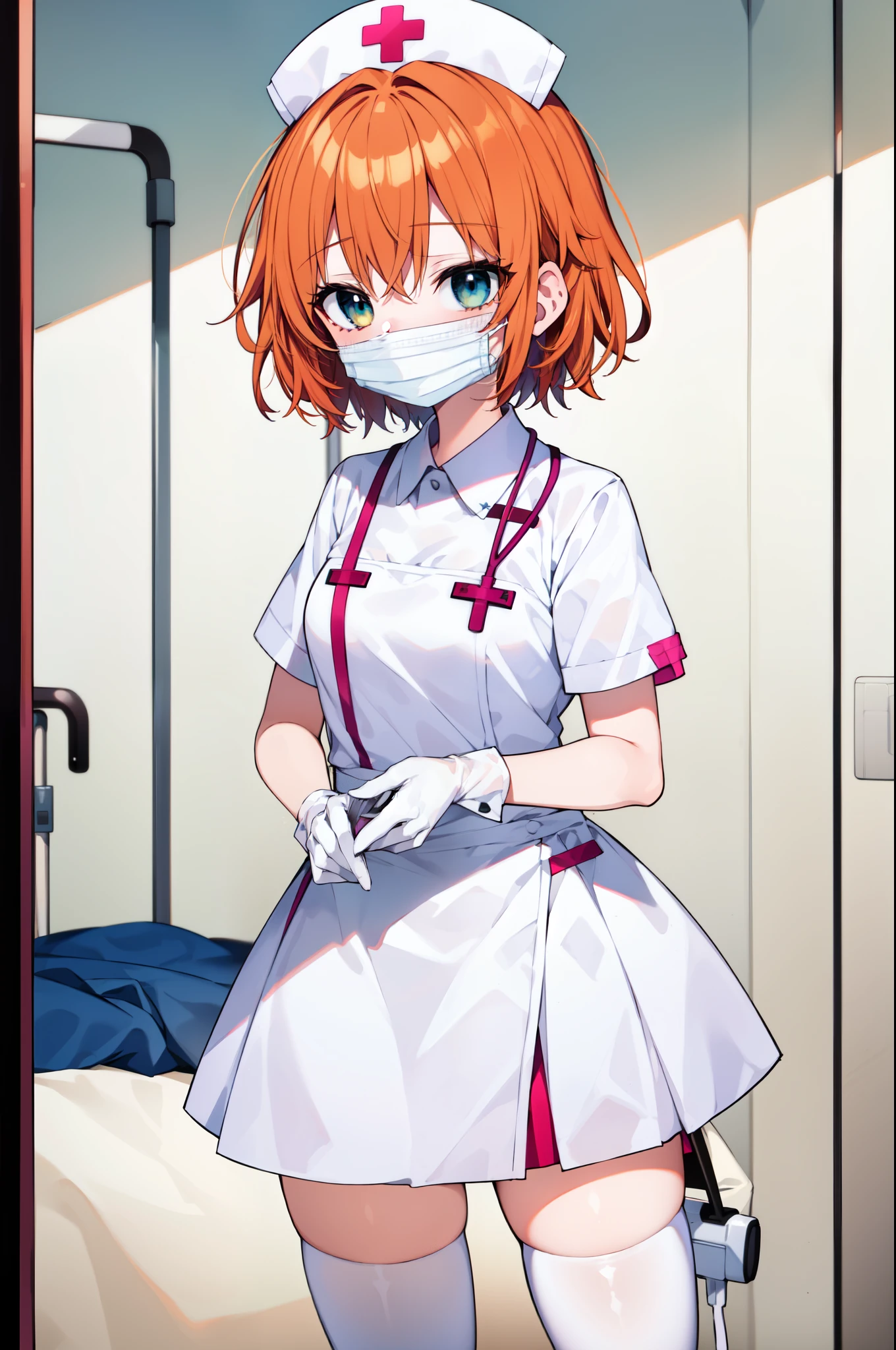 1girl, solo, nurse, nurse cap, white nurse uniform, ((white legwear, zettai ryouiki)), white gloves, very short hair, orange hair, ((white surgical mask, covered nose)), standing, ((hospital room)), sharp outline, short sleeves, tomboy, boyish, best quality, masterpiece