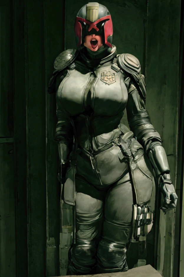 One girl, Helmet, armor, uniform, Contrapposto　 jdgdrdd,　 bar,　Being drunk, Portraiture, Film Grain,　Beauty、Big Breasts、Sexy body, tall、With his mouth open sloppily、Sticking out tongue、Big ass