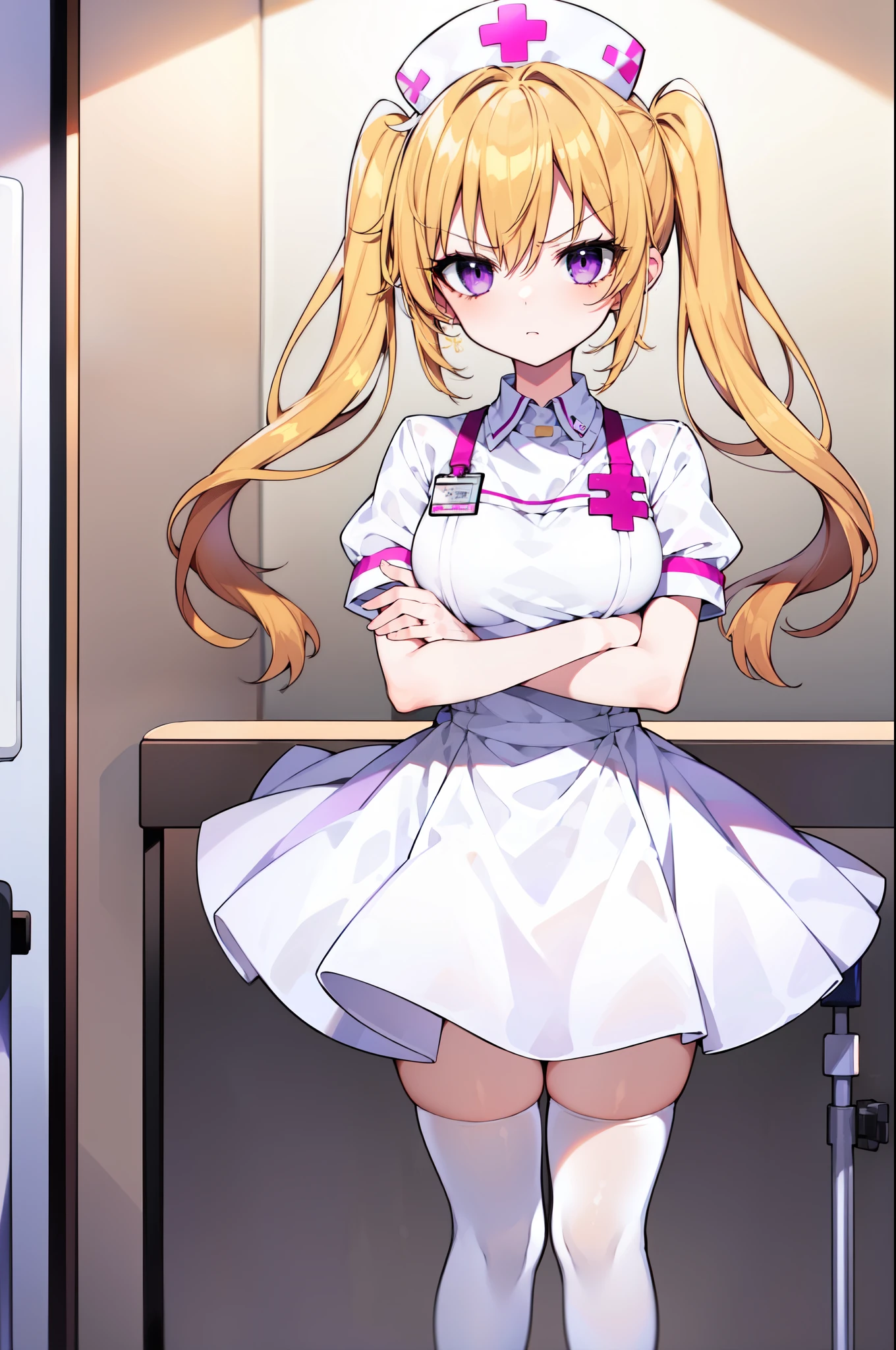 1girl, solo, nurse, nurse cap, white nurse uniform, ((white legwear, zettai ryouiki)), white gloves, twintails, yellow hair, purple eyes, angry, crossed arms, standing, ((hospital room)), sharp outline, short sleeves, best quality, masterpiece