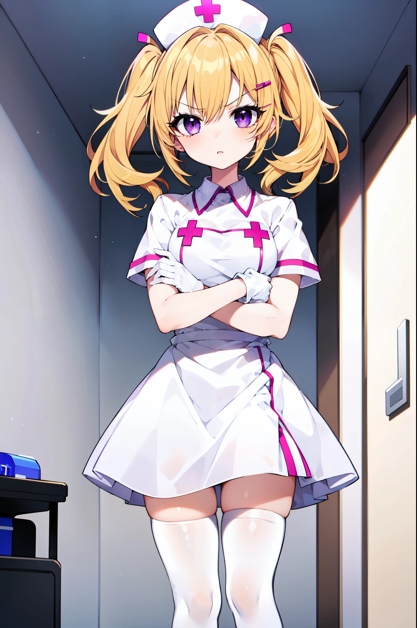 1girl, solo, nurse, nurse cap, white nurse uniform, ((white legwear, zettai ryouiki)), white gloves, twintails, yellow hair, purple eyes, angry, crossed arms, standing, ((hospital room)), sharp outline, short sleeves, best quality, masterpiece