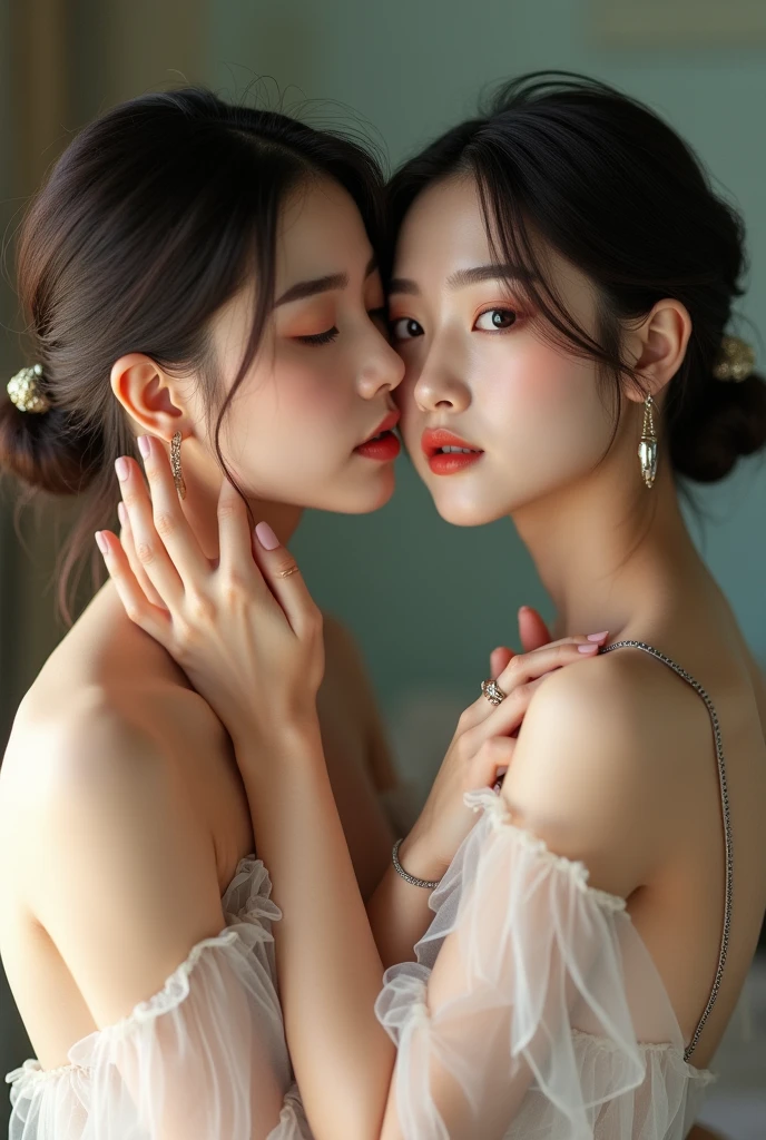 A female music teacher hugs her sexually aroused student, without clothes, beautiful Korean face, thin body, without clothes 