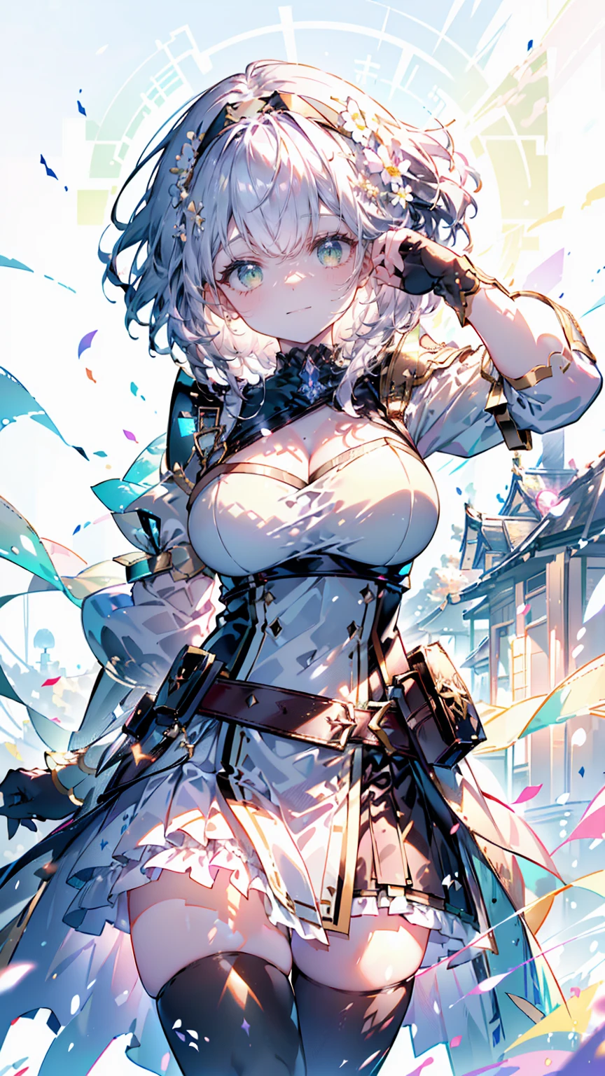 absurdres, RAW photo, extremely delicate and beautiful, masterpiece, Best Quality, ultra high resolution, 32k, hyperrealistic, ultra-detailed, detailed description, pale skin, 20 years old, tearful mole, earring, Colossal tits, short medium hair, wavy hair, Practical pirate clothing, Long-sleeved pirate top, Skirt,