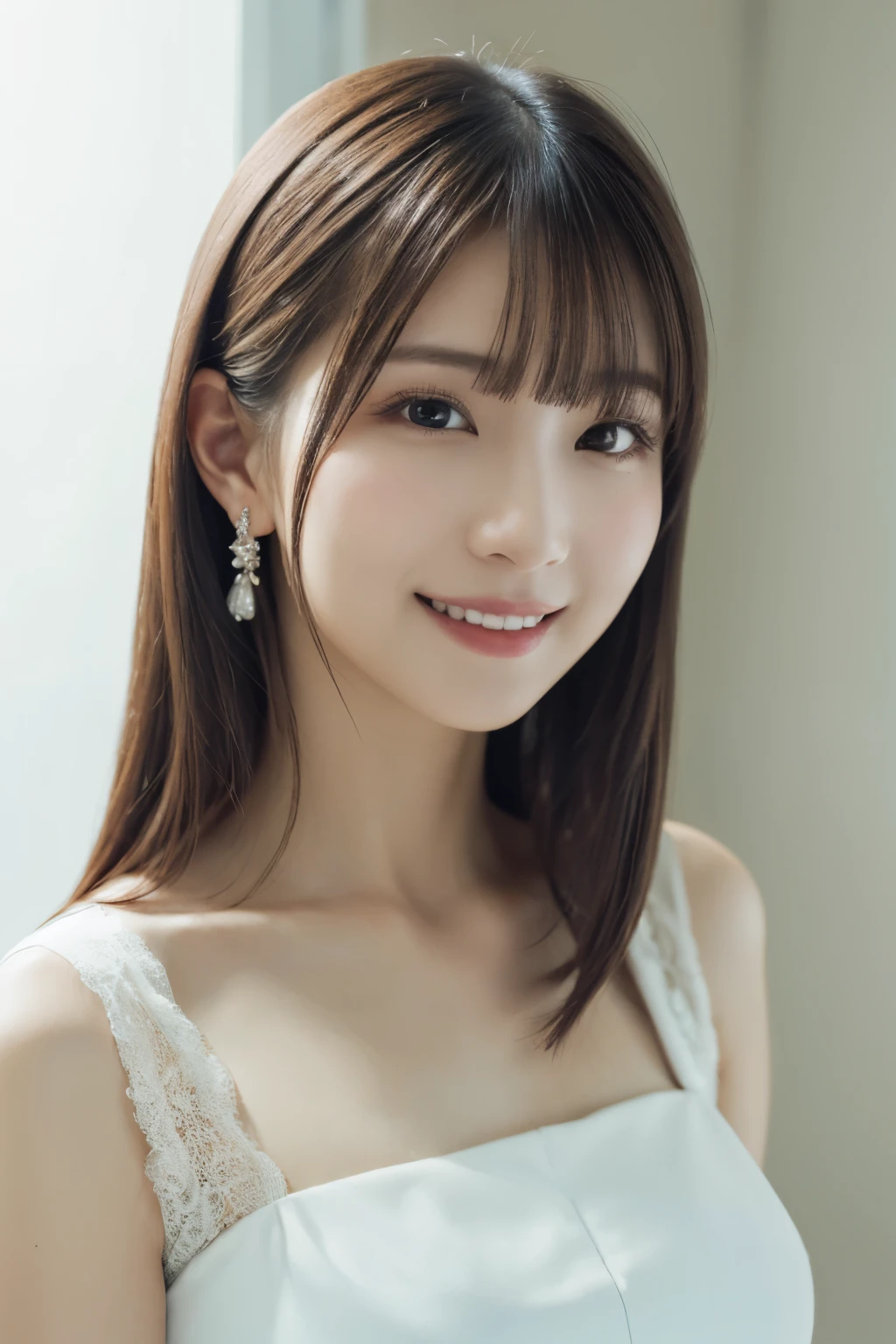 1 girl, (Wearing a white stage costume:1.2), Very beautiful Japanese idol portraits, 
(RAW Photos, highest quality), (Realistic, Realistic:1.4), (masterpiece), 
Very delicate and beautiful, Very detailed, 2k wallpaper, wonderful, finely, Very detailed CG Unity 8k 壁紙, Very detailed, High resolution, Soft Light, 
Beautiful detailed girl, Very detailed目と顔, Beautiful and sophisticated nose, Finely beautiful eyes, Cinema Lighting, 
(Simple light color background:1.3),
(Medium Hair), (bangs), 
Complete Anatomy, Slender body, Small breasts, smile