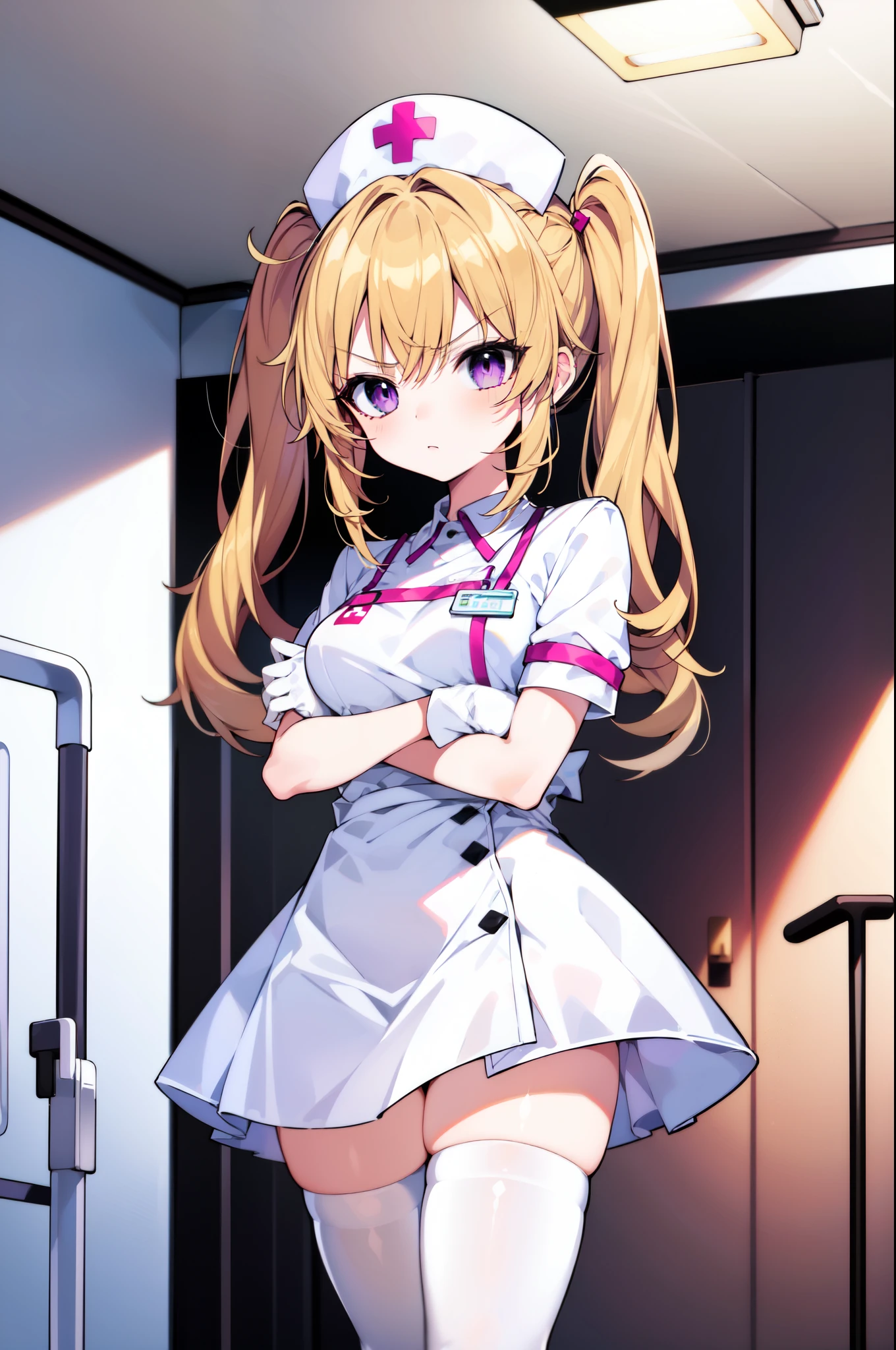 1girl, solo, nurse, nurse cap, white nurse uniform, ((white legwear, zettai ryouiki)), white gloves, twintails, yellow hair, purple eyes, angry, crossed arms, standing, ((hospital room)), sharp outline, short sleeves, best quality, masterpiece