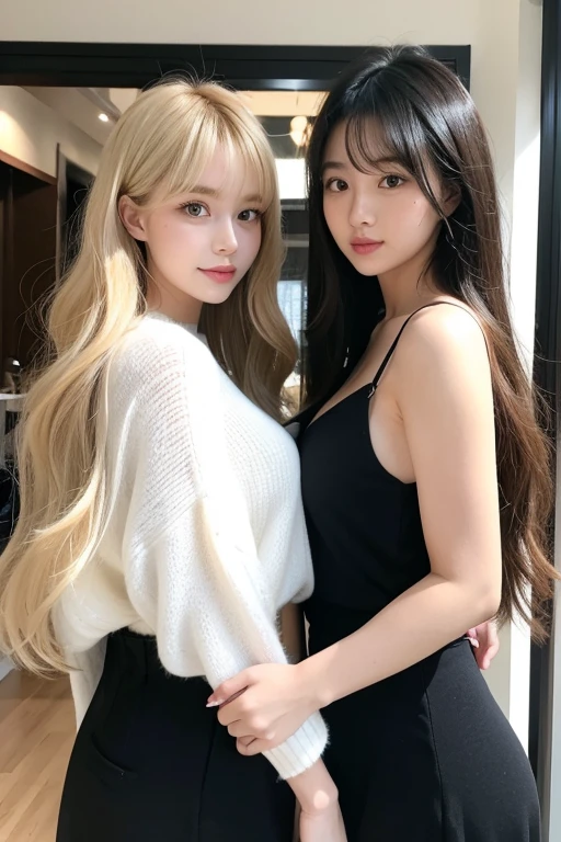 1girl in, age19, 独奏, Long hair, Colossal tits, Looking at Viewer, blondehair, Bare shoulders, Brown eyes, jewely, Full body, off shoulders, Sweaters, Realistic, A sexy、Drinking wine at a restaurant with a beautiful night view