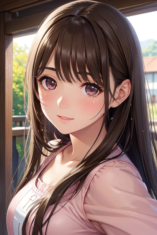 Takagi-san、Shiny brown hair, Straight Long Hair,((Medium chest、Forehead、Center part))、 Beautiful brown eyes、smile、Sparkling eyes, (fine grain)、Very fine eye、Highly detailed face, Highly detailed eyes, Cowboy Shot、


１girl、Long hair tied up with a hair clip, Pink Eyes、smile、I really like it、Pink Tank Top、hot pants、Upper body close-up、Morning Cafe Terrace、Background Blur, Written boundary depth