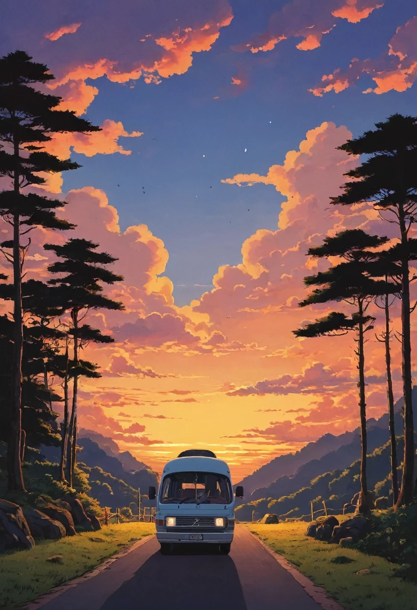 (Minimalism:1.4), a minibus camping sunset clouds  , studio ghibli art, miyazaki, 