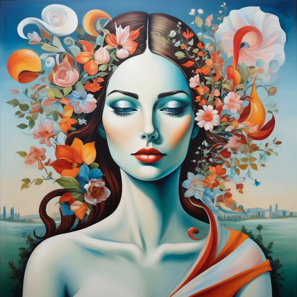 Surreal Harmony - a painting of a woman&#39;s head surrounded by