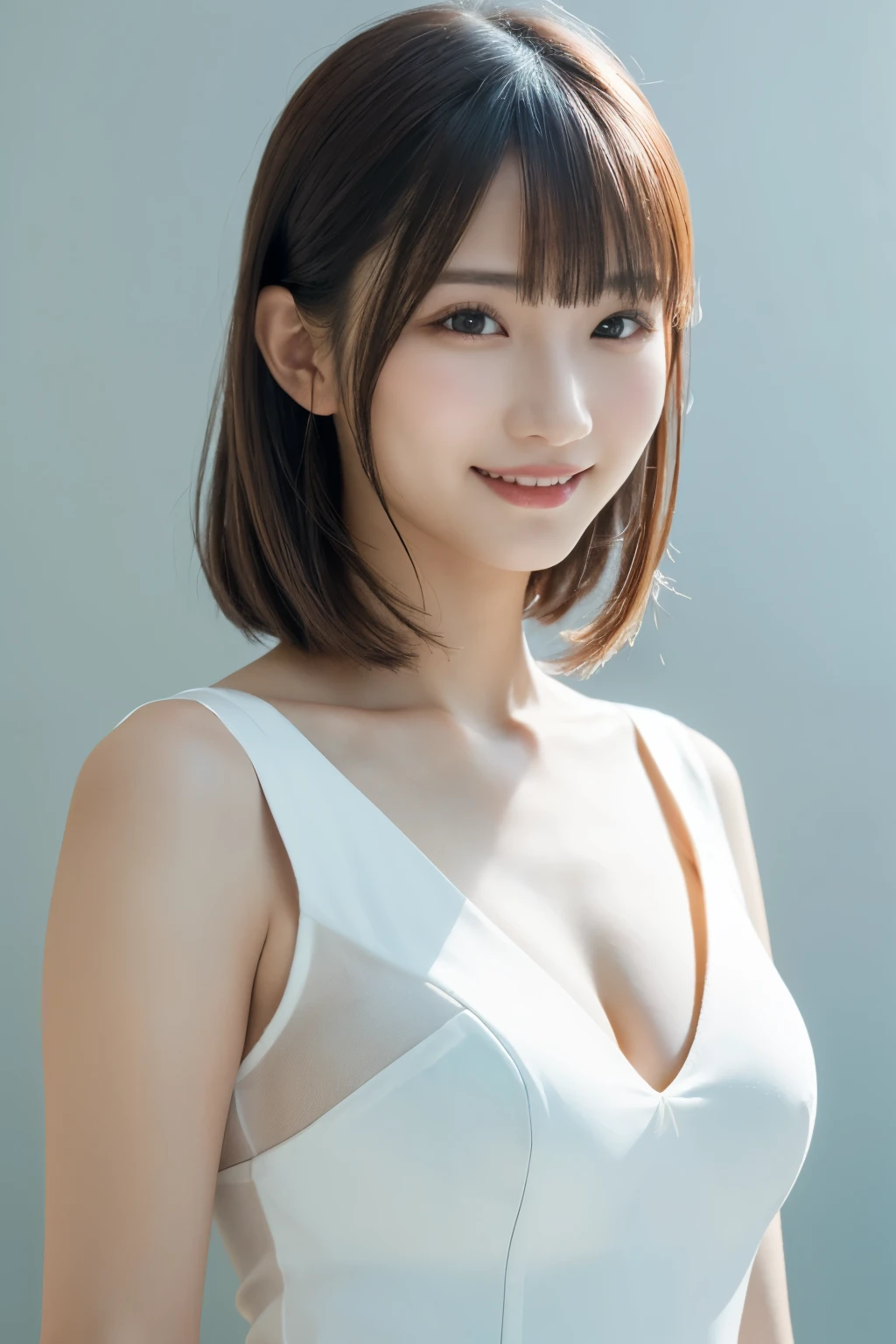 1 girl, (Wearing a white stage costume:1.2), Very beautiful Japanese idol portraits, 
(RAW Photos, highest quality), (Realistic, Realistic:1.4), (masterpiece), 
Very delicate and beautiful, Very detailed, 2k wallpaper, wonderful, finely, Very detailed CG Unity 8k 壁紙, Very detailed, High resolution, Soft Light, 
Beautiful detailed girl, Very detailed目と顔, Beautiful and sophisticated nose, Finely beautiful eyes, Cinema Lighting, 
(Simple light color background:1.3),
(Medium Hair), (bangs), 
Complete Anatomy, Slender body, Small breasts, smile