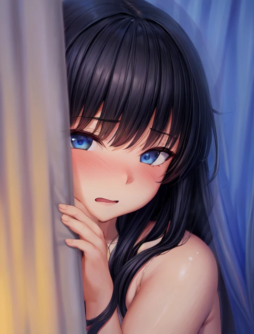 best quality, masterpiece, highres, detailed, digital illustration, SilhouetteFun, silhouette, hetero, 1girl and 1boy, dim light, nsfw, from side, sex, doggystyle, peeking out, 1girl with long black hair and blue eyes, open door, slightly visible face, girl focus, curtains, dim yellow light, female orgasm, looking at viewer, girl having sex behind curtains with face peeking out,