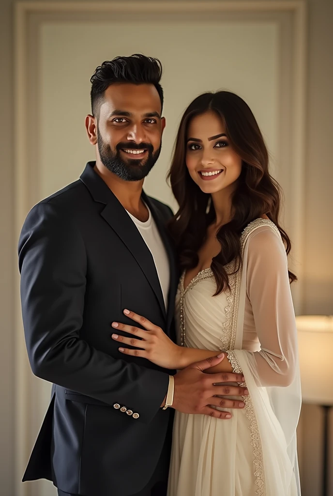Husband and wife giving hug to each others arms in romantic way