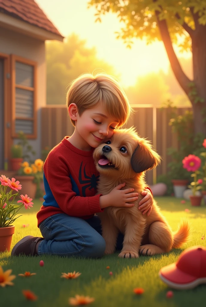 Painting of a boy sitting on the floor with his dog, adorable digital painting, realistic style painting, digital cartoon painting, realistic art, Airbrush digital oil painting, with his hyperactive dog, digital cartoon painting, children's art in artstation, children's book illustration, realistic painting, Ultra humorous oil painting, super realistic style painting, soft amazed smiles