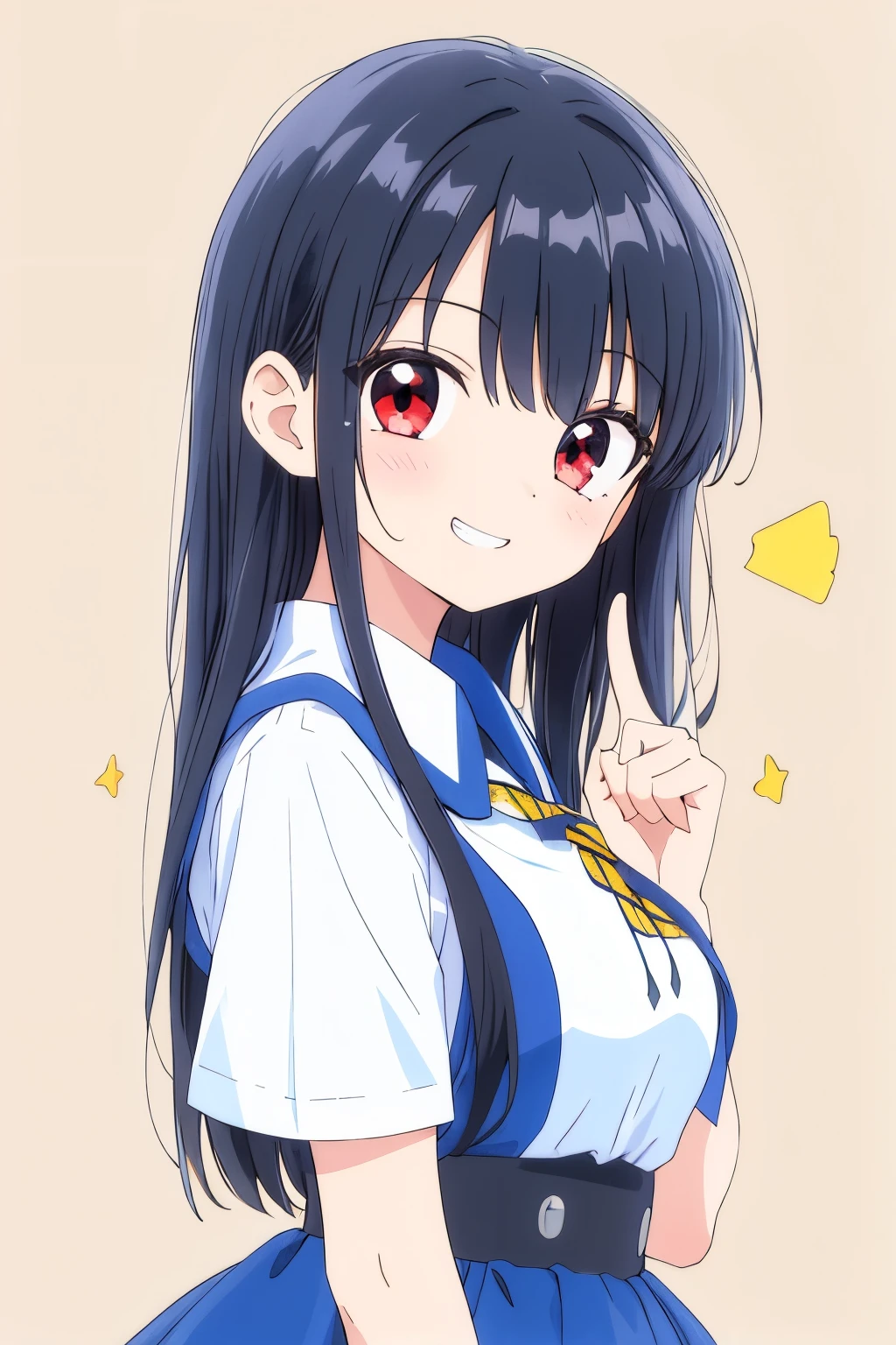 (1girl:1.2),
(shiny pitch black hair:1.3),long straight hair,白いシュシュ,
(puff out cheeks:1.2),
red eyes,(slanted eyes:1.1),(There is one large mole under his left eye.:0.9),
Navy dress,white blouse,
Grin,
point index finger to front,
(medium breasts:1.1),
(:1.1),
best quality,Highly detailed,sharp focus,masterpiece, vibrant colors,natural expression,