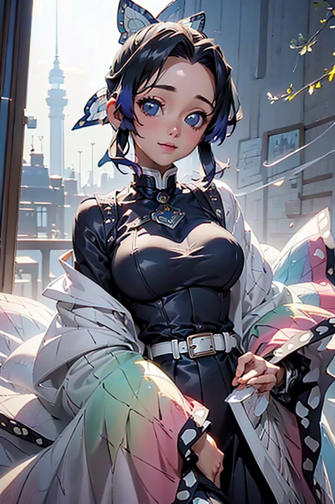 By the campus window,In the daytime,Wear a cyan ink cheongsam,Excellent quality,Attention to detail,dynamic angle,Static posture,1 girl,cabelos preto e longos,White Skin Skin,Porcelain doll-like face,Smiling,Bright lipstick,Light cheongsam and flowing long hair flutter in the air,The view outside the window is blurry,Leaving only a beautiful back。