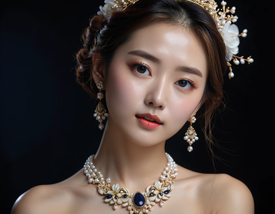 最high quality, masterpiece, High resolution, One girl, Porcelain Dress, hair accessory, necklace, jewelry, Beautiful Face, On the body, Tyndall effect, Realistic, Dark studio, Edge lighting, Two-tone lighting, (Skin with attention to detail: 1.2), 8k UHD, Digital SLR, Soft Light, high quality, Volumetric Light, Frank, photograph, High resolution, 4K, 8k, Dynamic pose、Narrow eyes