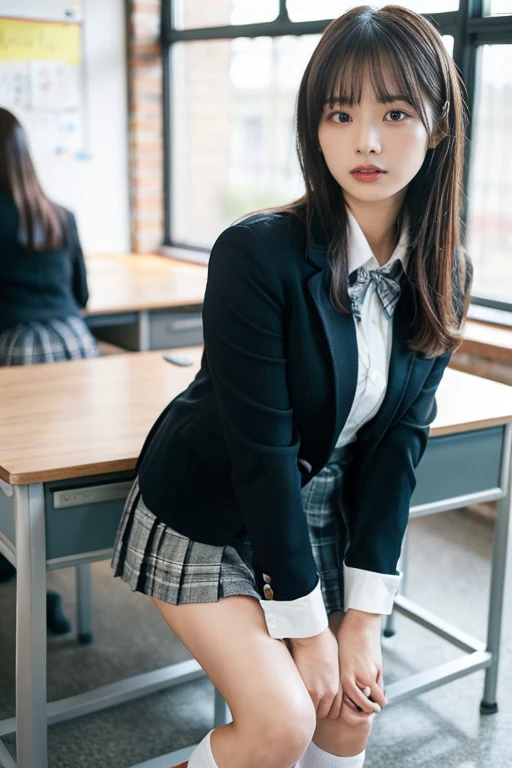 (masutepiece:1.4), (Best Quality:1.4), , Extremely detailed, Convoluted, Hyper Detailed、Official art、A 20 year old woman is looking at me、huge tit、Wear a blazer、Wearing a green plaid pleated skirt、Japan school uniform、student clothes、put on black stockings、Carrying a grey rucksack、Shooting from behind、FULL BODYSHOT