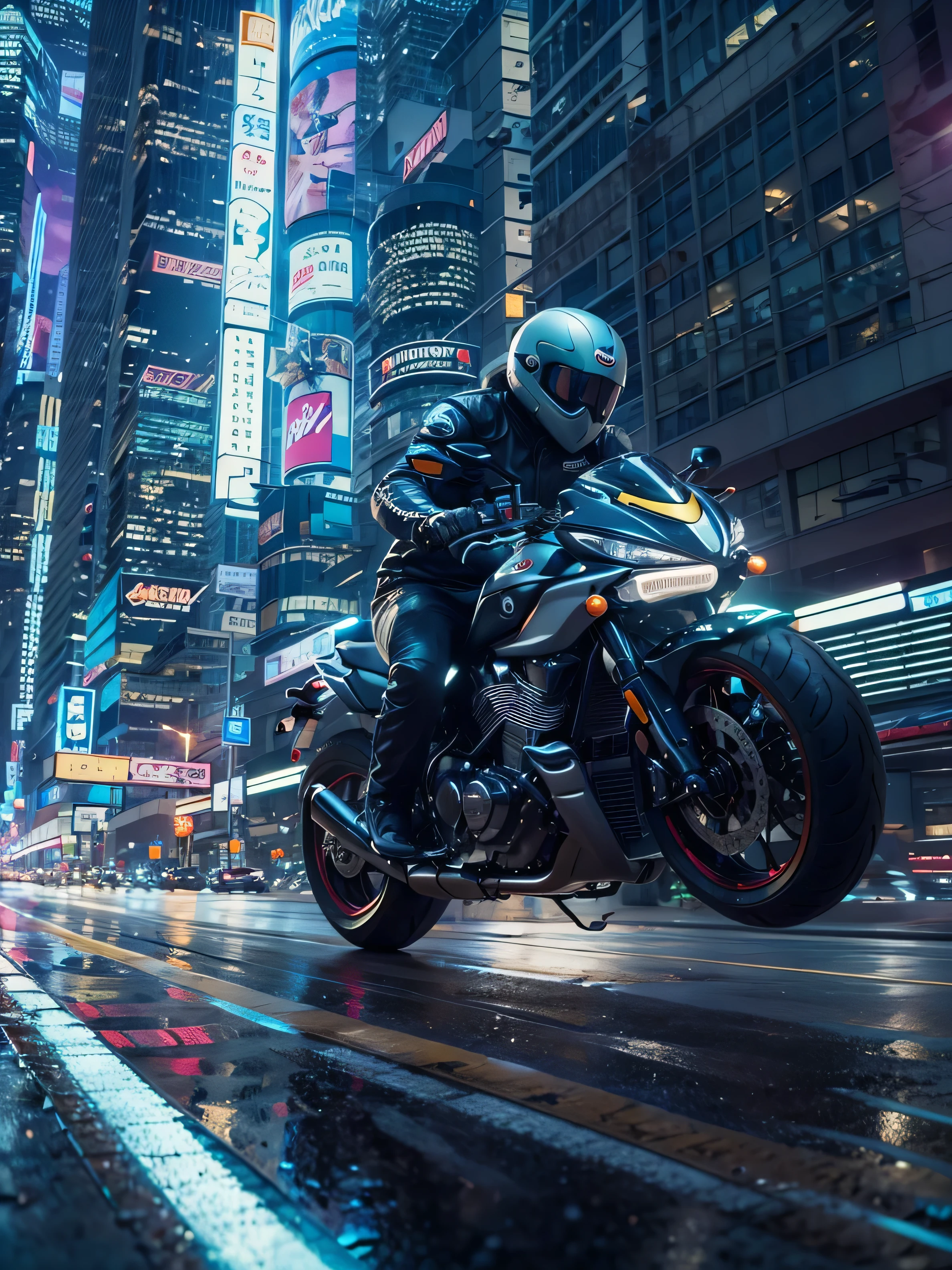 Create a highly detailed, ultra-realistic scene of a man riding a motorcycle on a highway through a futuristic, motorcycle in motion,(motion blur), photo taken from the side. Cyberpunk city at night. The year is 2527, and the scene should capture the essence of a rainy night, with reflections from neon lights and towering skyscrapers. The motorcycle is sleek and advanced, fitting the futuristic setting, and the rider's gear should be modern and stylish, blending seamlessly with the cyberpunk aesthetic. Depth of field.