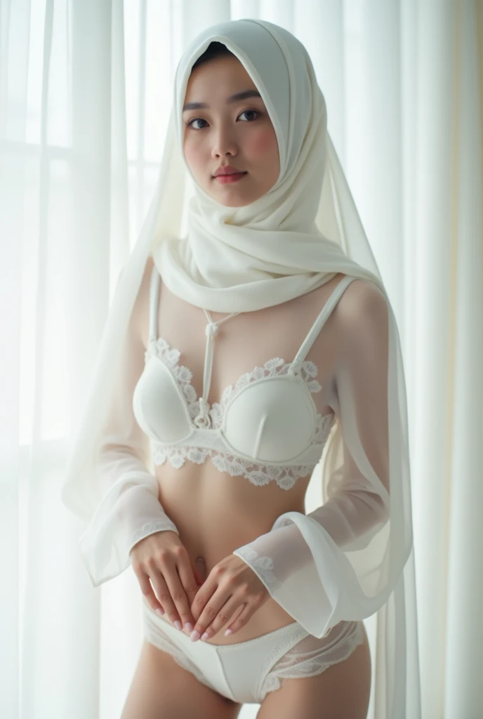 Nikon Z 85mm, ((best quality)) ((masterpiece)), intricate details, sharp focus, professional, photorealistic, real life, ultra realistic, photorealism,SILHOUETTE light,finely detail,best quality,extremely detailed CG unity 8k wallpaper,perfect artwork,upper body, hijab, glowing eyes, rous skin, realistic, perfect malay female figure, narrow waist, looking at viewer,lace,seductive posture, sexyse, an extremely delicate and beautiful,best quality, beautiful detailed girl, beautiful detailed eyes,light on face,cinematic lighting,see-through,White pajamas, transparent material, revealing buttockistic representation of the face, (intricate details, makeup, (detailed beautiful delicate face, detailed beautiful delicate eyes, a face of perfect proportion, high detailed skin, detailed skin, best ratio four finger and one thumb, arms under breast, medium breasts, smooth midrinny and thin,fashion, solo ,(young), face highlight, upper body, detailed face, white skin, soft color hijab,big eyes, silk robe, (hollow pattern, silk), earrings, slim body, luxury room, professional lighting, tear robe,1 malay girl,