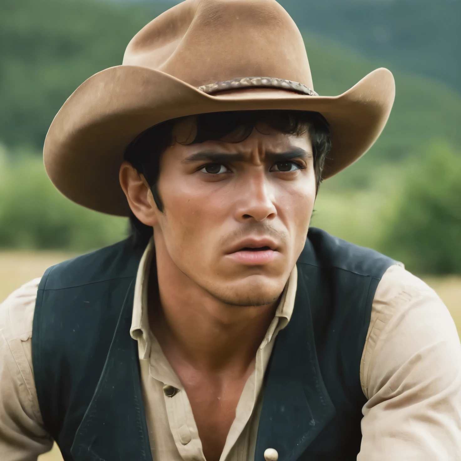 create a young, 2 man cowboy character, brasilian nacionality, dark brown eyes, brown skin, dark hair, dark hair, short hair, western, angry face, male, western style hat, fixed eyes, slightly rounded and harmonious face, slightly thick eyebrows, wearing cowboy faroettes, no beard, no beard, no has facial hair, young 2, cinematic photo styleundefined, undefined, undefined,