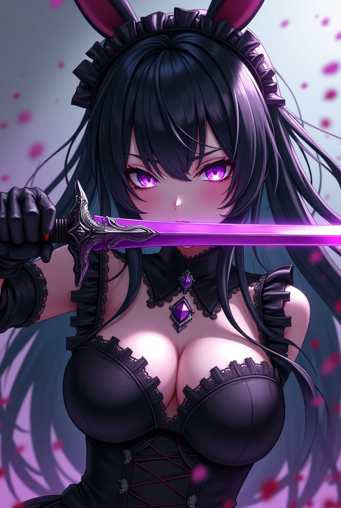 A cute sexy 17 year old tall Japanese human girl with really long deep black hair with long bangs, sharp glowing purple eyes, big breasts, a muscularly lean, slim and sexy body with defined arms and muscular legs, wearing a black assassin suit with a black cloak, a long black skirt and violet jewelry. In her hands, a purple katana. Covered in poison smoke. 