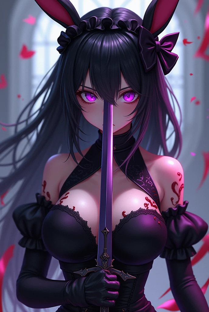 25 year old human girl with Mediterranean features, very long black hair, has super gigantic breasts, slim body, torn blouse that cannot contain her breasts, black pleated miniskirt, has a slave's neck, each breast is tied with ropes, his arms are on poles at his sides, in a forest he has a proud look
