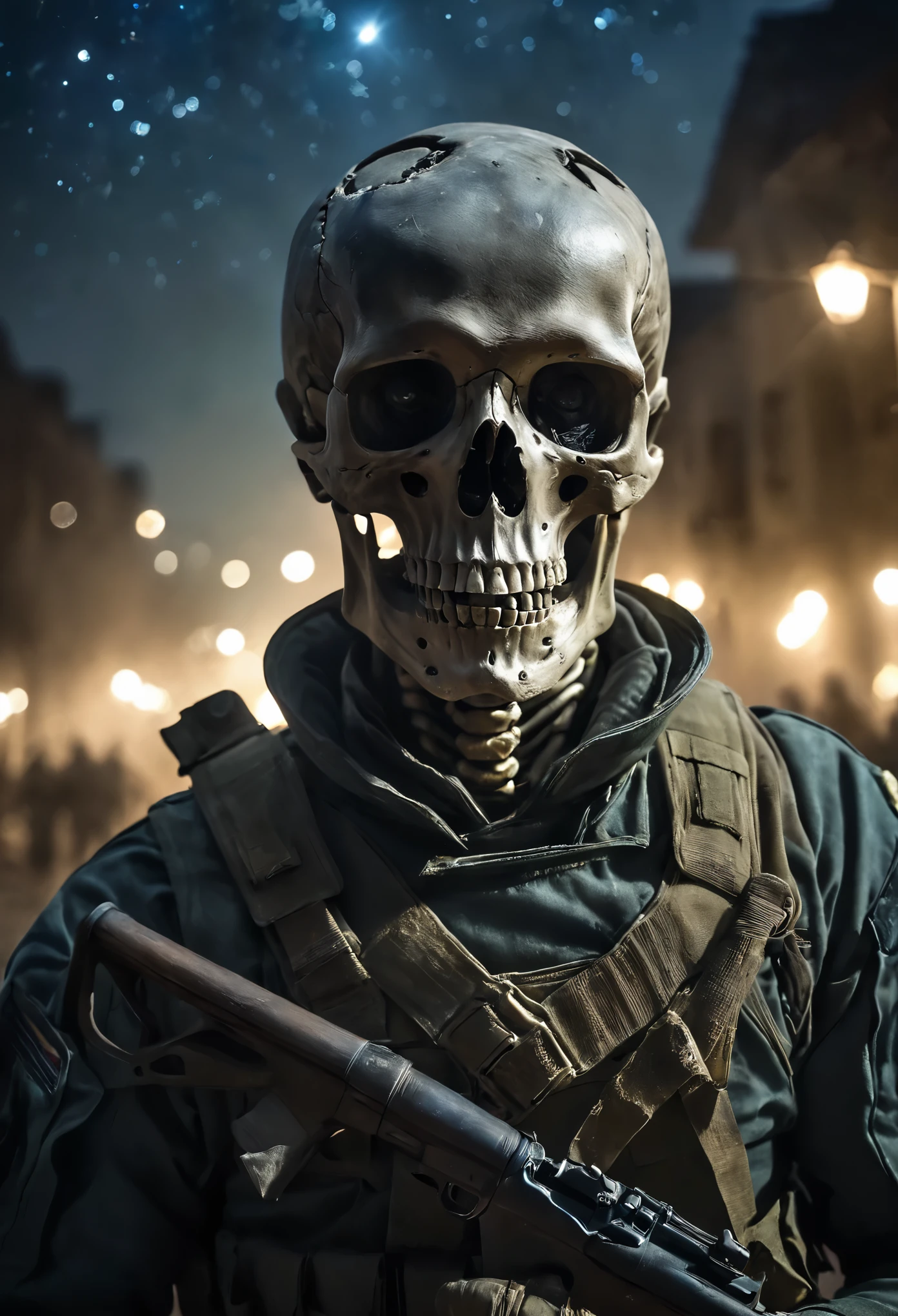 Photorealistic, skeleton soldier, (torn and decayed military outfit), dinamic pose, in the dead ruin city, realistic weapon, starry night, deep shadows, Kodak Portra 400, film grain, depth of field, the gaze is directed towards the viewer, bokeh, battlefield environment, noire, terrified atmosphere, Centered image, naturally pose, 8K resolution, faded colours