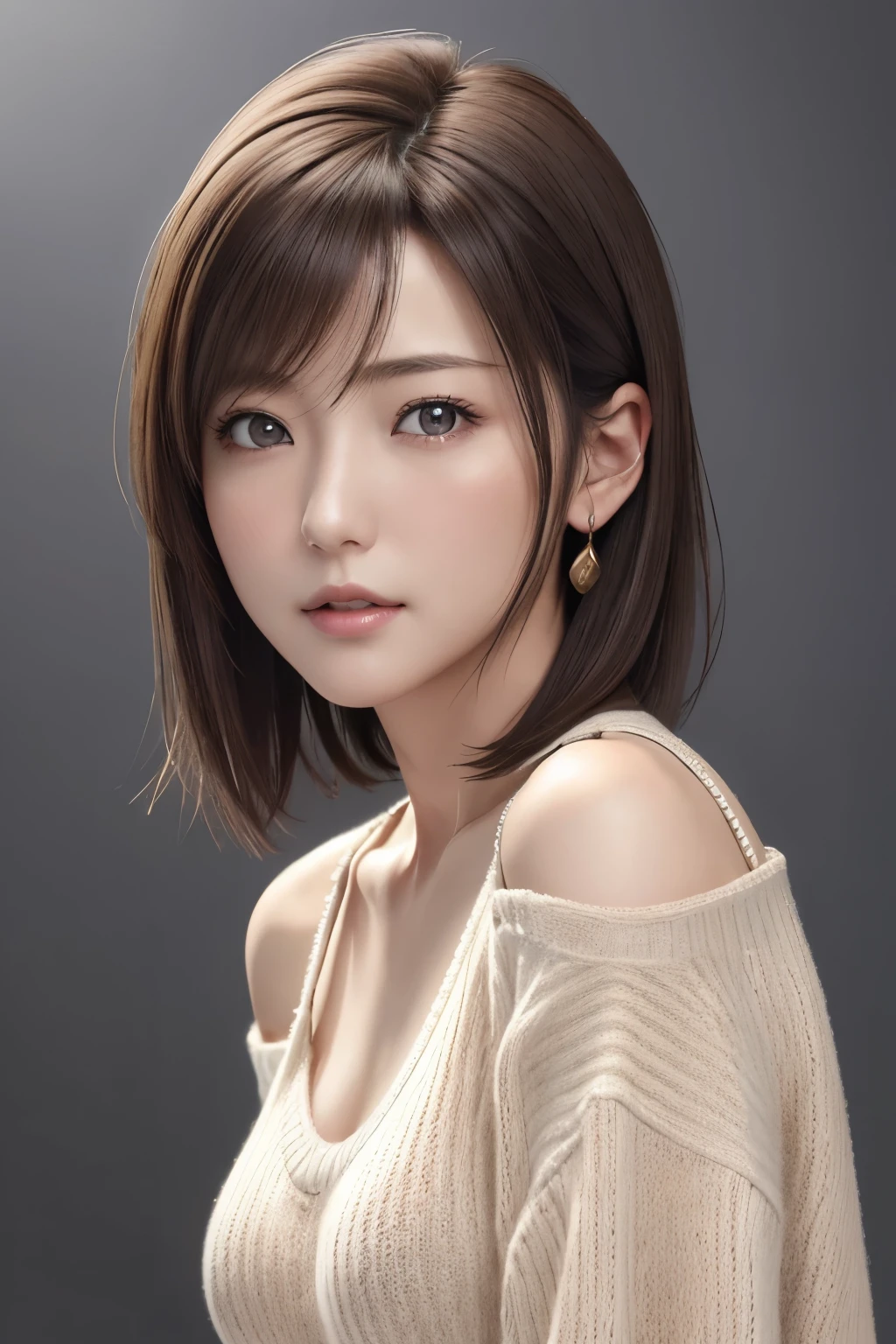 (Representative works:1.3)、(8k、Realistic、RAW Photos、Best image quality:1.4)、(30 year old mature woman)、Small face、Beautiful Face、(Realistic Face)、No makeup、Natural Makeup、light makeup、 (Dark brown、short hair:1.3)、Beautiful hairstyle、Realistic eyes、Beautiful attention to detail、 (Realisticな肌)、Beautiful Skin、 (sweater)、Small breasts、Bust B cup、 Confused、 charm、超High resolution、Ultra-realistic、 High resolution、Golden Ratio、ff tifa、Gray background、