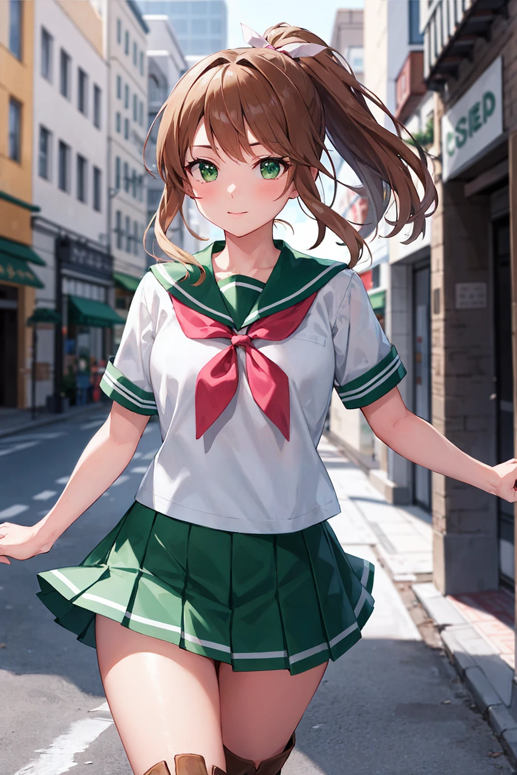 masterpiece, Highest quality, Absurd, Perfect Anatomy, Smu Jupiter, Smu JupiterOutfit, Green sailor collar, Green Skirt, Sailor Warrior Uniform, ponytail, Are standing, Green Eyes, Brown Hair, Pleated skirt, Green Skirt, boots, Pink ribbon, Cowboy Shot, Dynamic posture, Outdoor, city, One girl, 