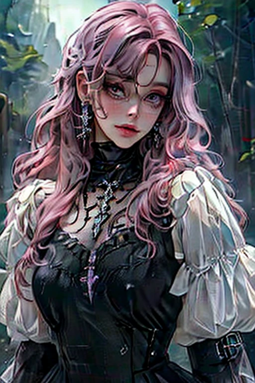 Perfect face. Perfect hands. A pink haired woman with violet eyes and an hourglass figure in a pretty ballgown is smiling while leaning against a tree in a creepy forest