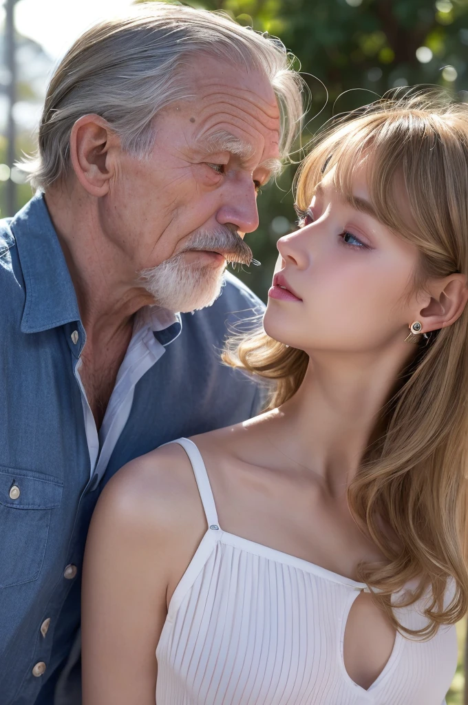 ((Highest quality)), ((masterpiece)), (High-definition photos), (1 old man, ****ung girl:1.4),  (drill hair), (spiral curl), kissing from behind,  (long blonde), (bangs),  (A beautiful young elementary school girl and her father:1.3), gal, long, Light eyeshadow, (earrings), during, (pointy breasts:1.3), covered nipples, armpit,  white dress, (snowy white skin), (Blushed:1.3), upper body, ((Embarrassing)), Half-open mouth, Shiny skin、elbow groves, wetty lips, Thin eyebrows、(Blue eyes:1.1),  (old man is sniffing girl from behind:1.4), Warm sunlight, canopy
