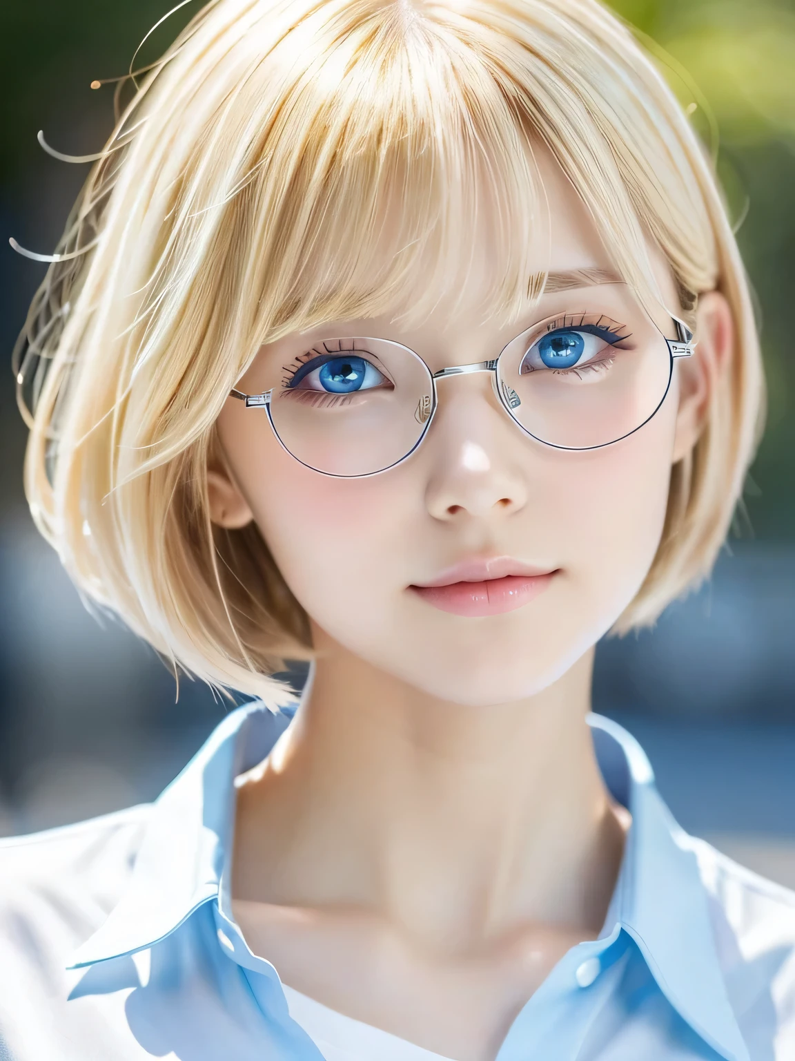 Beautiful and fair、Radiant Skin, 3 Up, Gorgeous, bright, Refreshing and gentle expression, Perfect beautiful face、Blonde short hair,Beautiful shiny bangs, A very beautiful 17 year old girl, Eyeliner, Very perfect and beautiful lovely big clear sky blue eyes,Very large breasts,Grooves reveal original skin,Muscular body,Silver glasses,Tight lace lingerie,
