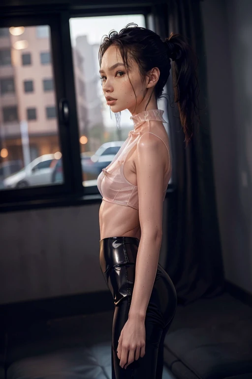 Top Quality, Masterpiece, High Resolution, 8k, (((cute skinny barely legal girl in oversized silk blouse and wetlook leggings, bare belly, wide neckline, deep neckline, small perky breasts, beautiful detailed eyes, beautiful detailed lips, small closed mouth, extremely detailed face, long ponytail hair, small hips))), cyberpunk apartment, moody atmosphere, dramatic and random neon colors, futuristic setting, intricate details, at night, backlit, full body shot, view from distance, ((side view))