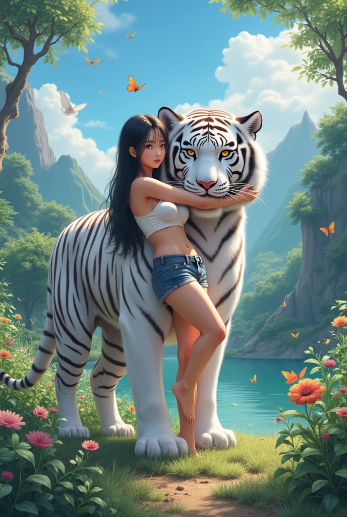 an ancient Chinese goddess, guanyin of the southern seas, Guanyin, Inspired by India, Avalokiteshvara rides a tiger，,Serene expression,shui mo hua,Buddha,Buddhist,Lotus,Chinese painting style,Thangka style, nsfw, muton