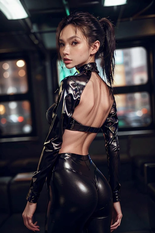 Top Quality, Masterpiece, High Resolution, 8k, (((cute skinny barely legal girl in oversized silk blouse and wetlook leggings, bare belly, wide neckline, deep neckline, small perky breasts, beautiful detailed eyes, beautiful detailed lips, small closed mouth, extremely detailed face, long ponytail hair, small hips))), cyberpunk apartment, moody atmosphere, dramatic and random neon colors, futuristic setting, intricate details, at night, backlit, full body shot, view from distance, ((rear view:1.3))