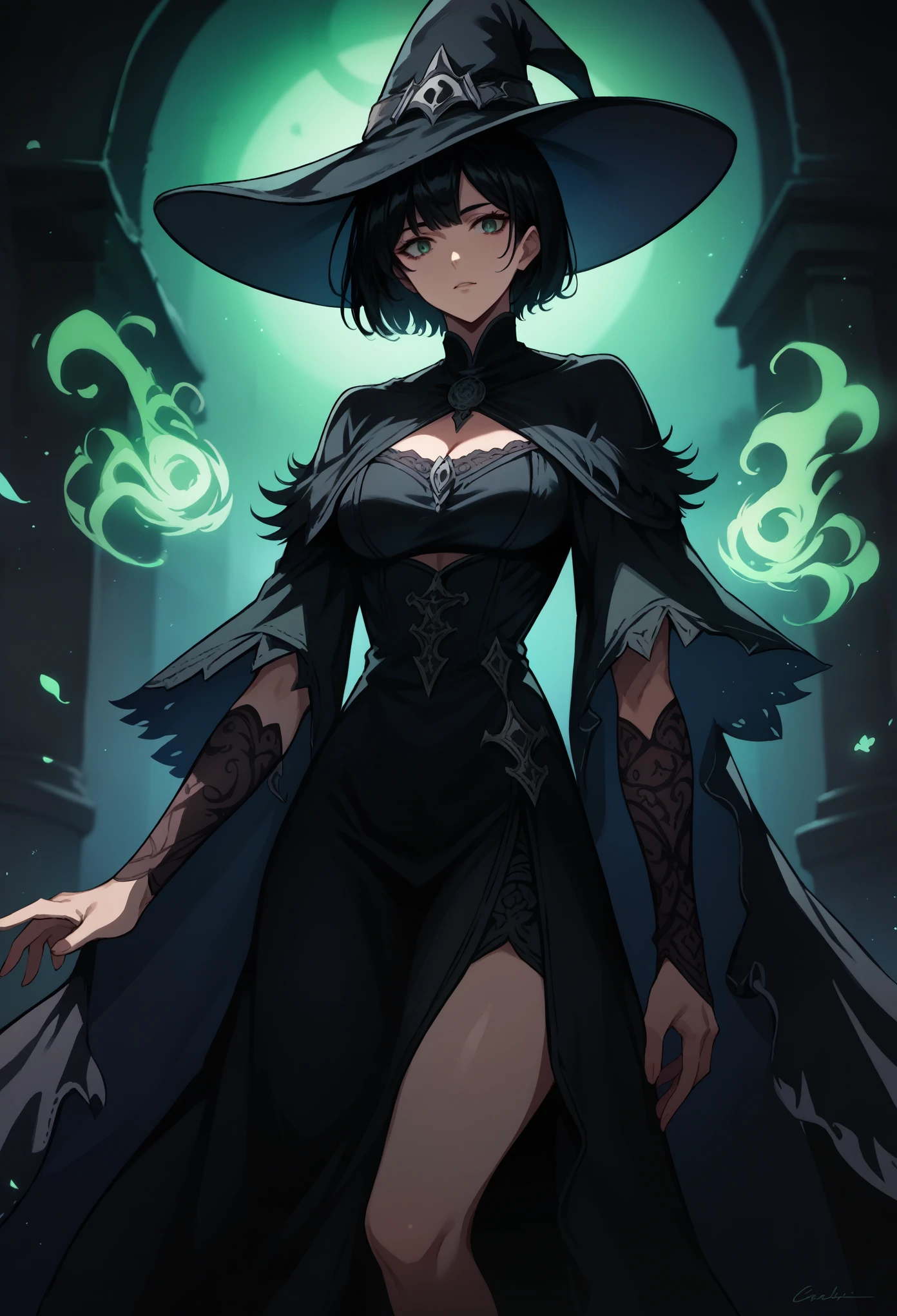 4K quality, anime woman, sexy woman, fantasy witch, black dress, black pointed hat, magical aura, dark green aura,  magic grimoire, black hair, short hair